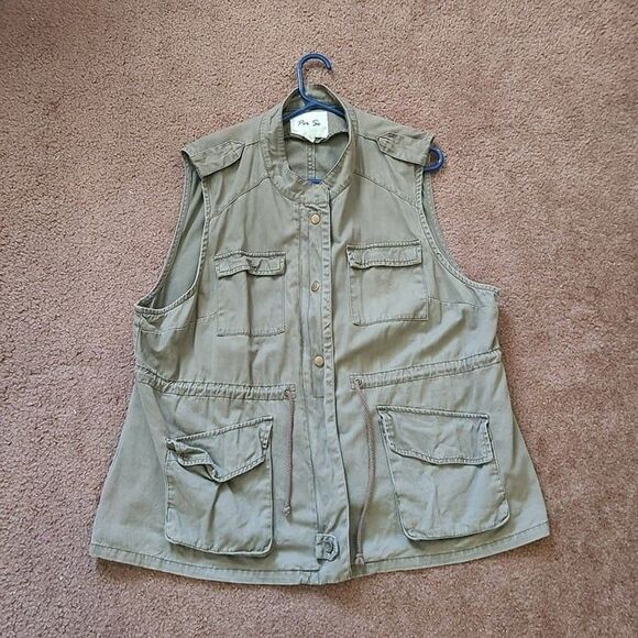 Per Se Women's Utility Vest Green Sleeveless Multi-Pocket Drawstring Cotton - Picture 2 of 7